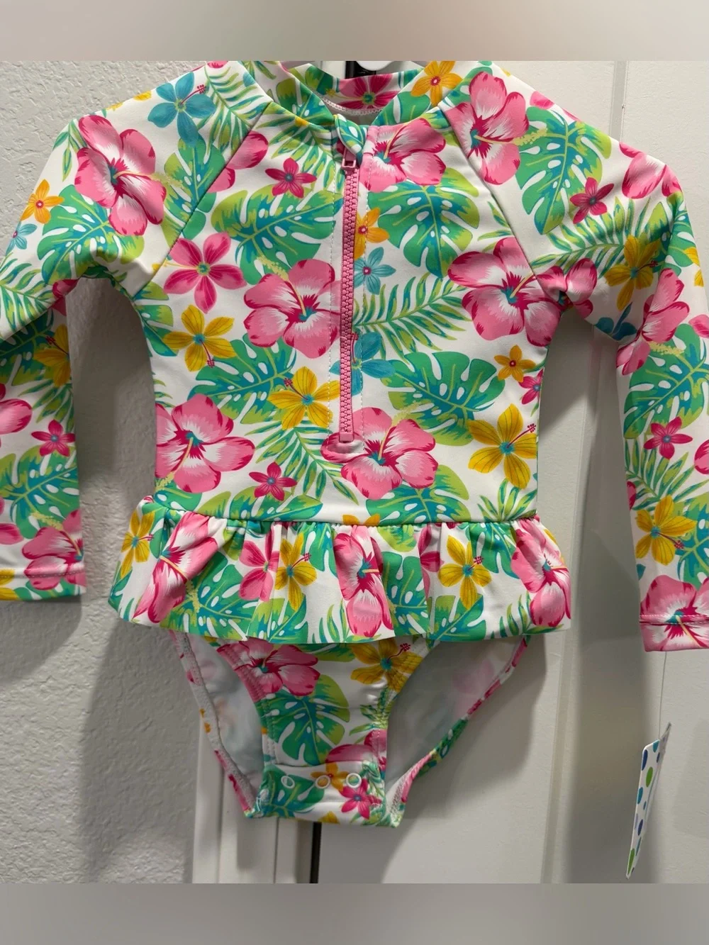 Little Me Pink Green Floral Long Sleeve UPF 50+ One-Piece Zip Snap Swimsuit 18 M
